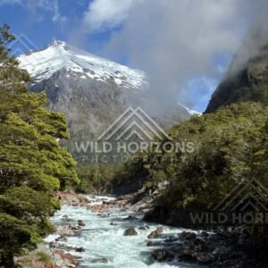 Long Diagonal Waterfall Across a Steep Mountainside. Milford Road, New Zealand.