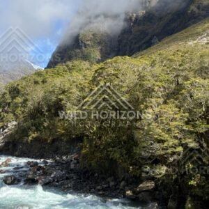 River Rapids Through Forested Valley Toward Snowy Peak. Milford Road, New Zealand.