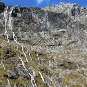 Multiple Cascading Waterfalls Across a Sunlit Rock Wall. Milford Road, New Zealand.