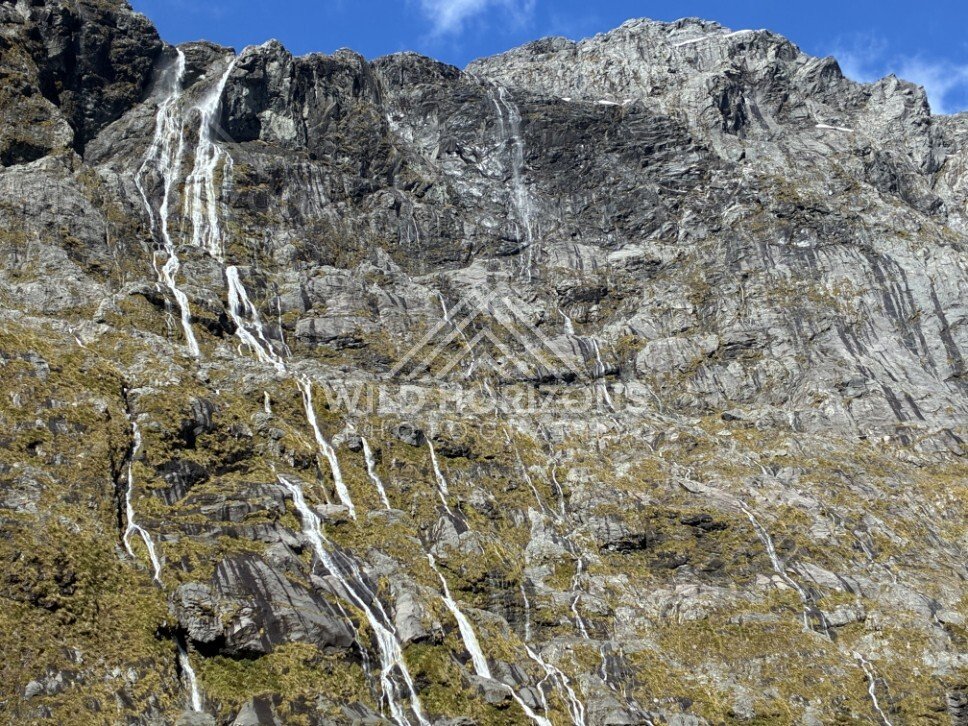 Multiple Cascading Waterfalls Across a Sunlit Rock Wall. Milford Road, New Zealand.