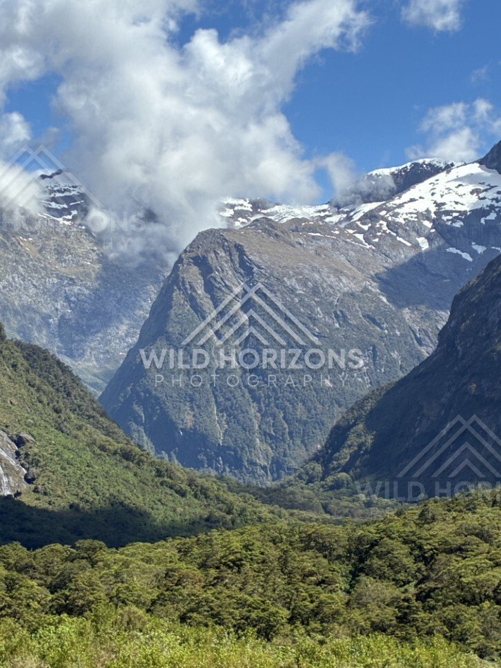 Snow-Capped Mountains Framing a Green Valley Under Towering Clouds. Milford Road, New Zealand.
