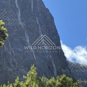 Sheer Cliff with Multiple Thin Waterfalls Against a Blue Sky. Milford Road, New Zealand.