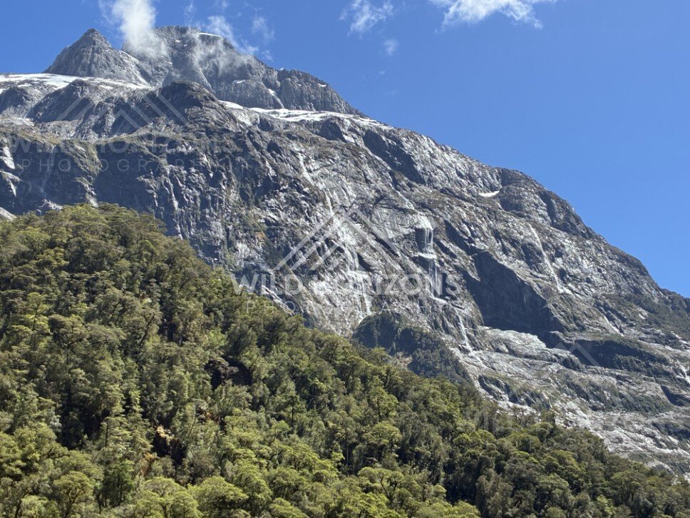 Steep Granite Face with Tall Waterfall and Forest Below. Milford Road, New Zealand.