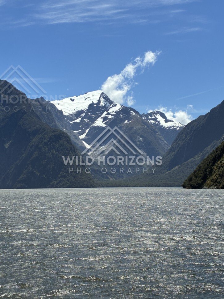 Snow-Capped Mountains at the Head of Milford Sound. Milford Sound, New Zealand.
