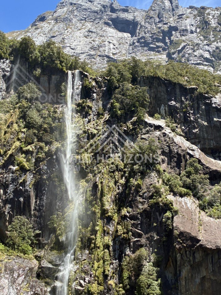 Narrow Waterfall Streaming Down a Sunlit Cliff Face. Milford Sound, New Zealand.