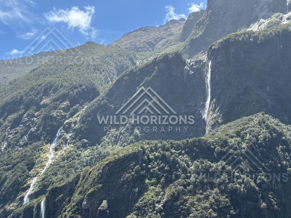 Multiple Waterfalls on a Steep Sunlit Mountainside. Milford Sound, New Zealand.