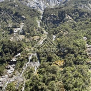 Small Waterfalls Threading Through Dense Fiord Forest. Milford Sound, New Zealand.