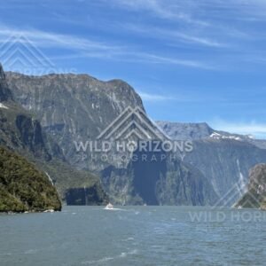 Wide View Down Milford Sound Between Towering Cliffs. Milford Sound, New Zealand.