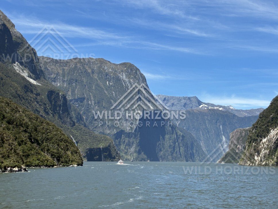 Wide View Down Milford Sound Between Towering Cliffs. Milford Sound, New Zealand.