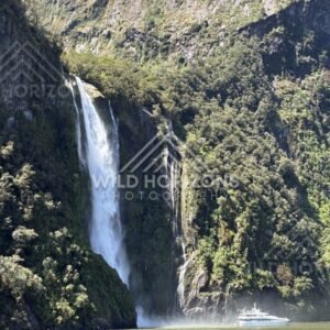 Stirling Falls and Forested Cliff Face in Bright Sunlight. Milford Sound, New Zealand.