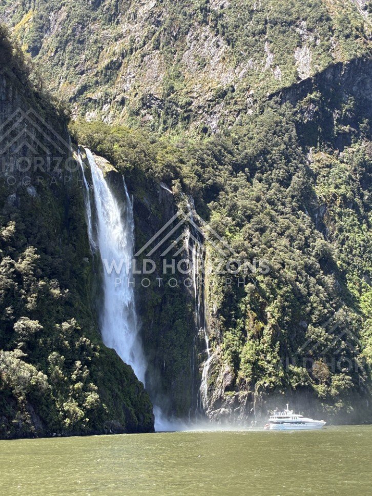 Stirling Falls and Forested Cliff Face in Bright Sunlight. Milford Sound, New Zealand.