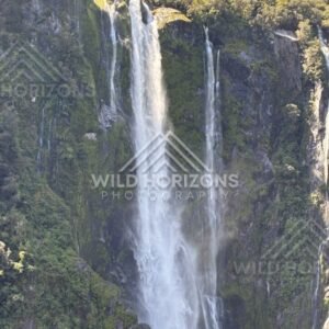 Close View of Stirling Falls with Mist at the Base. Milford Sound, New Zealand.