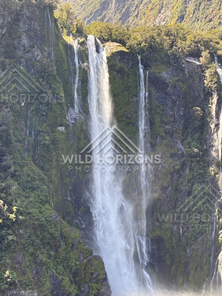 Close View of Stirling Falls with Mist at the Base. Milford Sound, New Zealand.