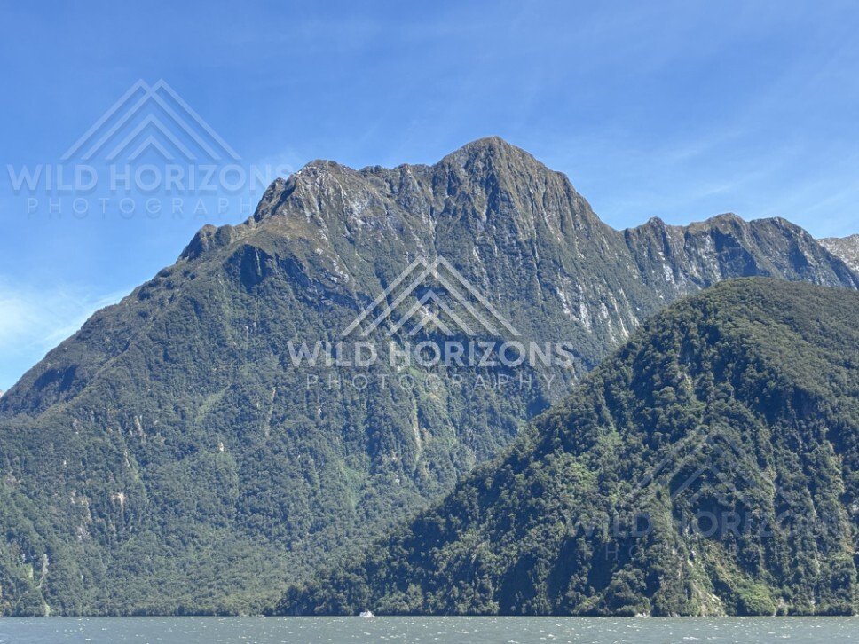 Rocky Peaks and Vegetated Slopes Under a Wide Blue Sky. Milford Sound, New Zealand.