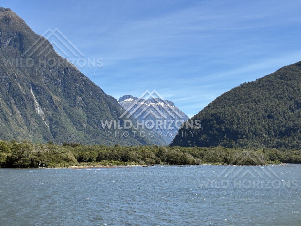 Wide Milford Sound View with Water and Towering Mountain Walls. Milford Sound, New Zealand.
