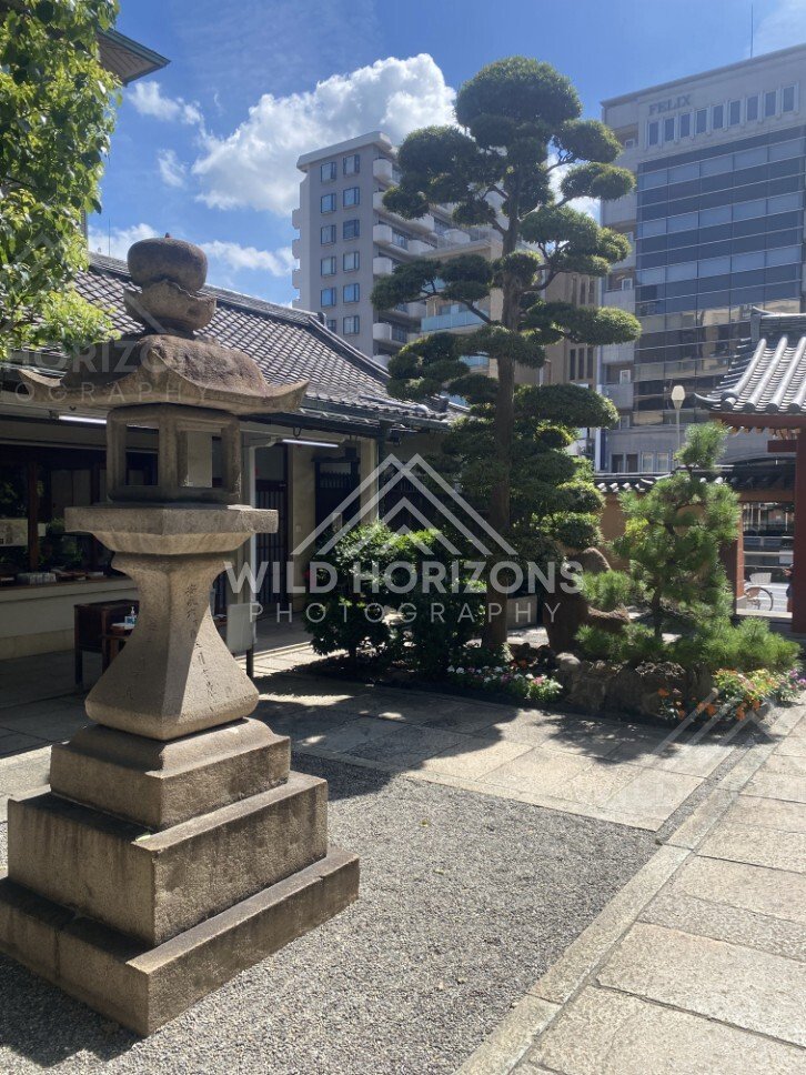 Stone Lanterns Lining a Pathway to a Temple Courtyard. Osaka, Japan.