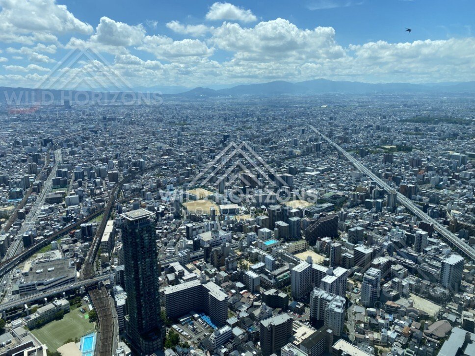 Osaka Skyline Stretching Toward Distant Mountains Under a Clear Blue Sky. Umeda Sky Building, Osaka, Japan.