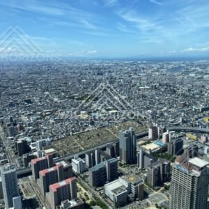 Panoramic Aerial View of Osaka Reaching Toward the Harbour and Bay. Umeda Sky Building, Osaka, Japan.