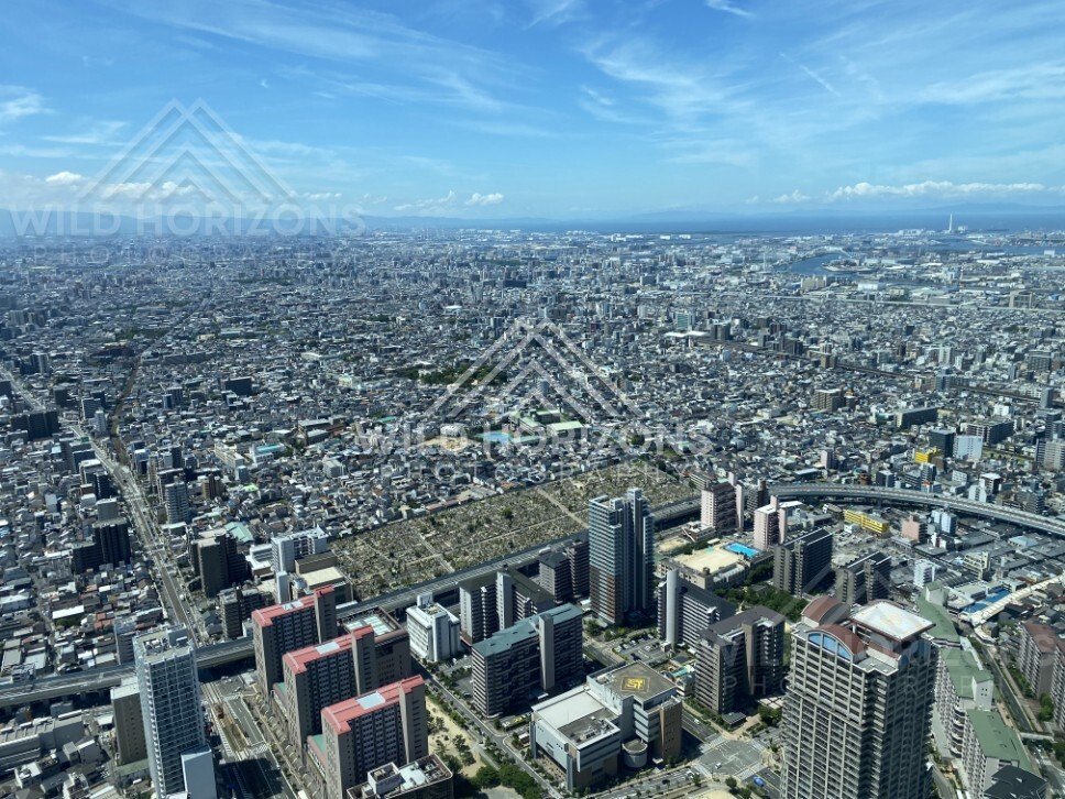 Panoramic Aerial View of Osaka Reaching Toward the Harbour and Bay. Umeda Sky Building, Osaka, Japan.