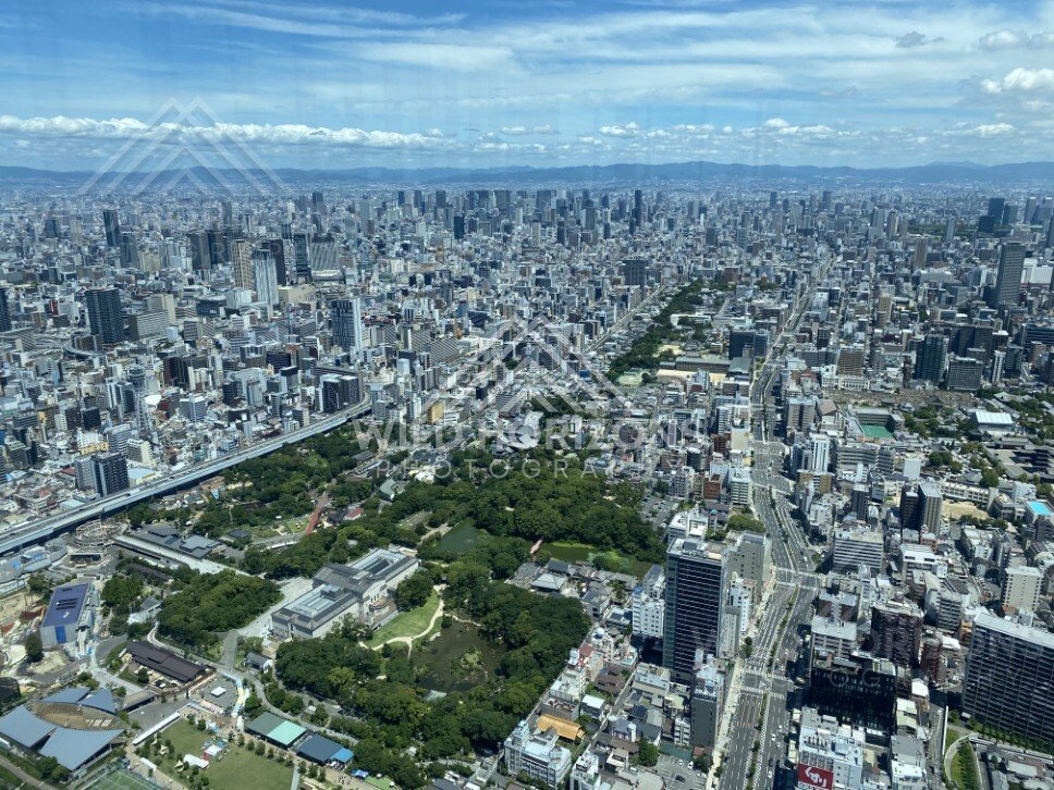 Osaka Cityscape with a Large Green Park Framed by High-Rise Buildings. Umeda Sky Building, Osaka, Japan.