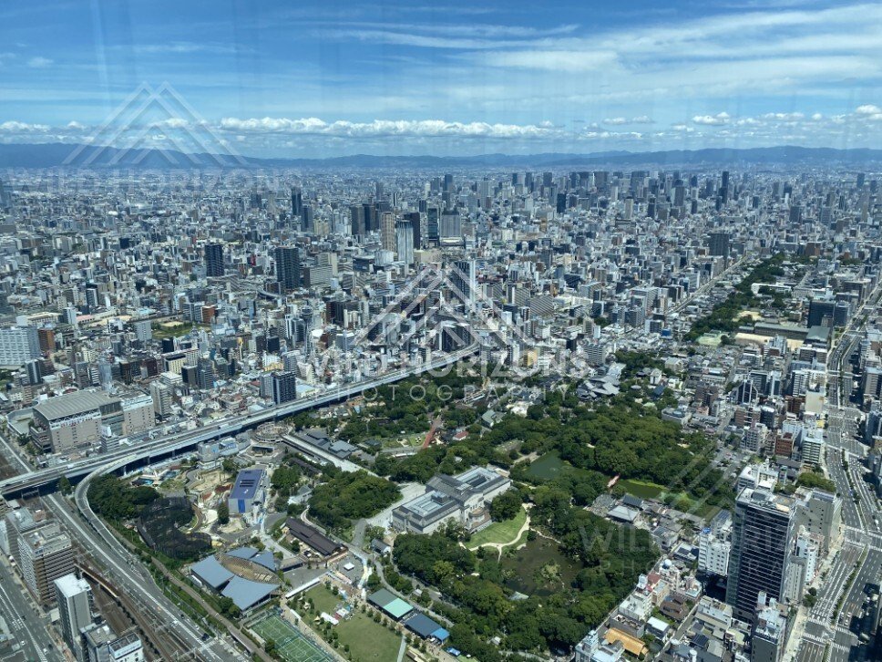 Aerial View Over Osaka Parkland and Skyline with Elevated Roadways. Umeda Sky Building, Osaka, Japan.