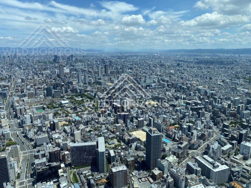 Sweeping Osaka Skyline Beneath Dramatic Cumulus Clouds from Above. Umeda Sky Building, Osaka, Japan.