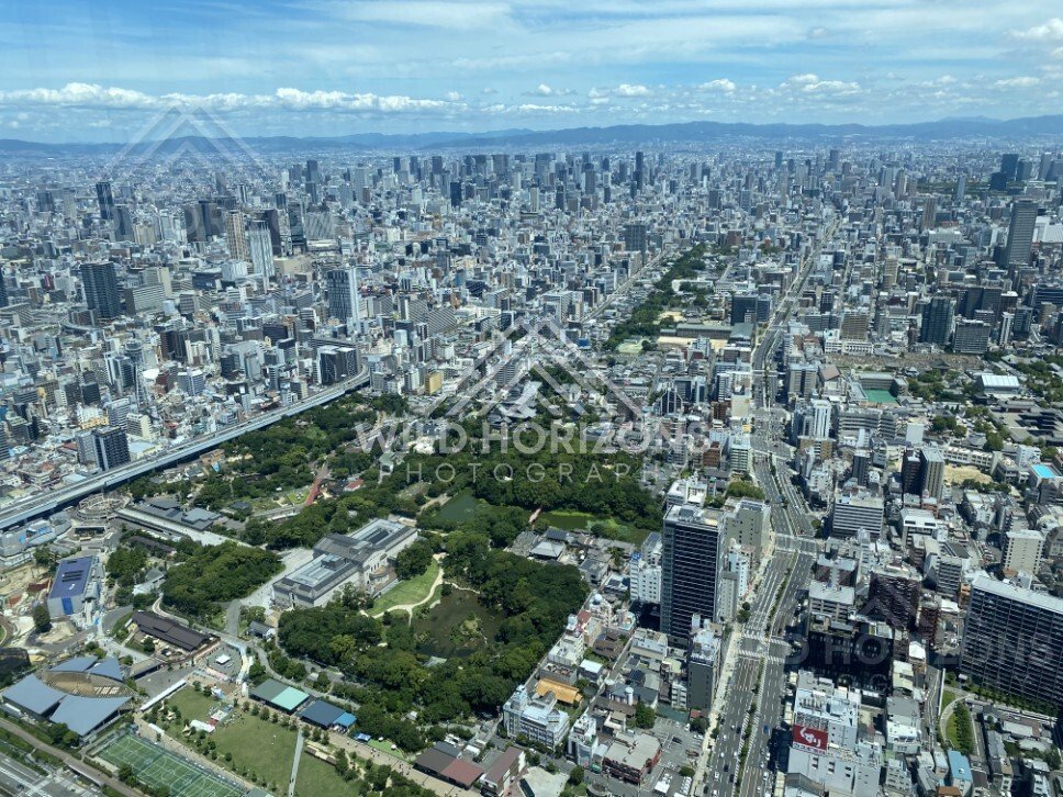 Broad View Over Osaka with Park Greenery and a Wide City Horizon. Umeda Sky Building, Osaka, Japan.