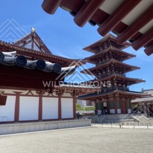 Pagoda Framed by Temple Rooflines and Open Courtyard in Midday Light. Shitennoji Temple, Osaka, Japan.