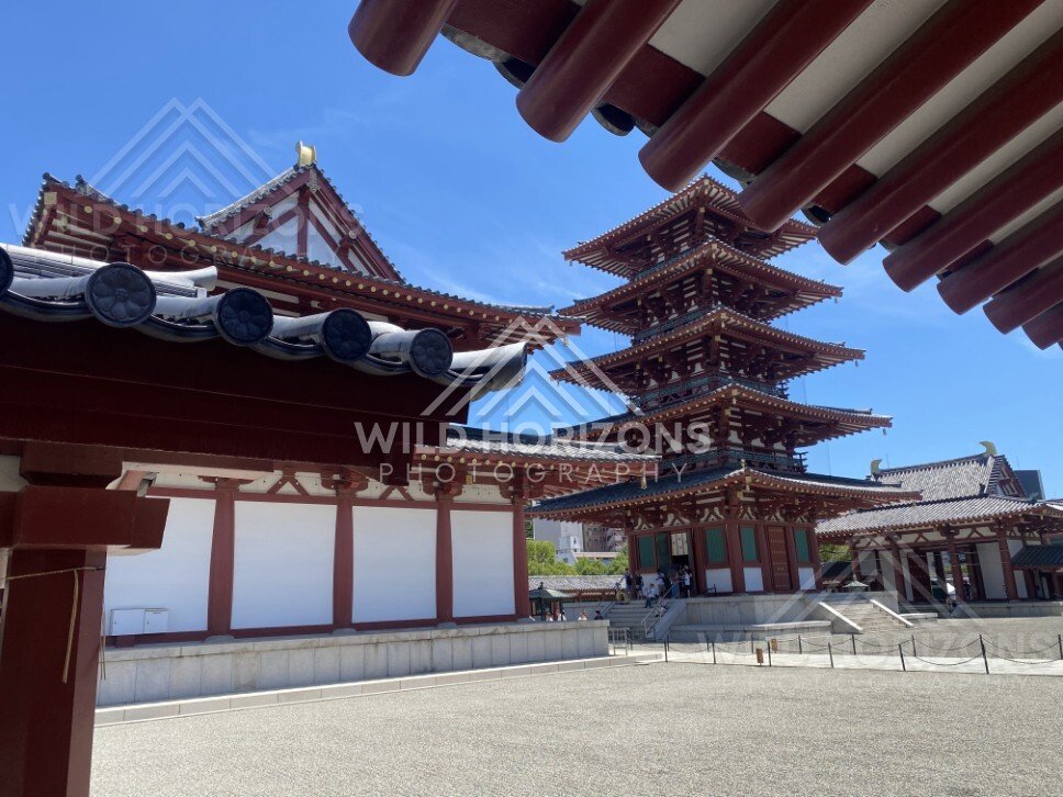 Pagoda Framed by Temple Rooflines and Open Courtyard in Midday Light. Shitennoji Temple, Osaka, Japan.