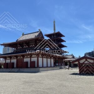 Pagoda and Temple Hall Under High Wispy Clouds Above a Wide Courtyard. Shitennoji Temple, Osaka, Japan.
