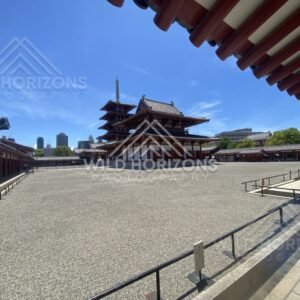 Wide Temple Courtyard Framed by Eaves with Pagoda and Hall in the Distance. Shitennoji Temple, Osaka, Japan.