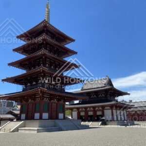 Pagoda and Temple Hall Standing Over a Broad Gravel Forecourt. Shitennoji Temple, Osaka, Japan.