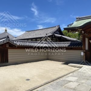 Temple Wall and Gate with Traditional Rooflines Beneath High Summer Clouds. Shitennoji Temple, Osaka, Japan.