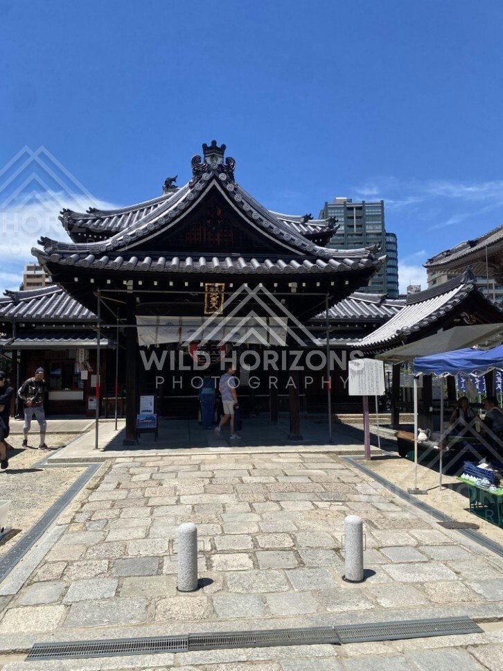 Entrance hall and stone courtyard at Shitennoji Temple. Shitennoji Temple, Osaka, Japan.