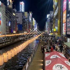 Crowds and lantern reflections along the Dotonbori canal at night. Dotonbori, Osaka, Japan.