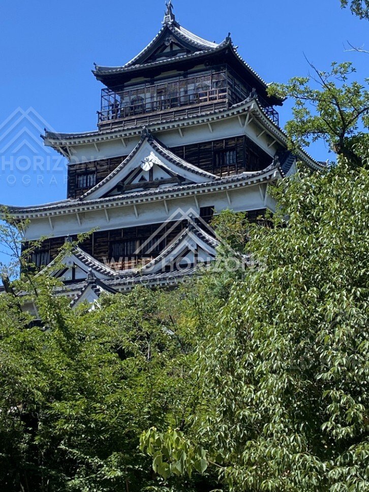 Hiroshima Castle keep rising above green trees on a clear day. Hiroshima Castle, Hiroshima, Japan.
