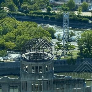 Close view of the Atomic Bomb Dome across the river in Hiroshima. Hiroshima Peace Memorial, Hiroshima, Japan.