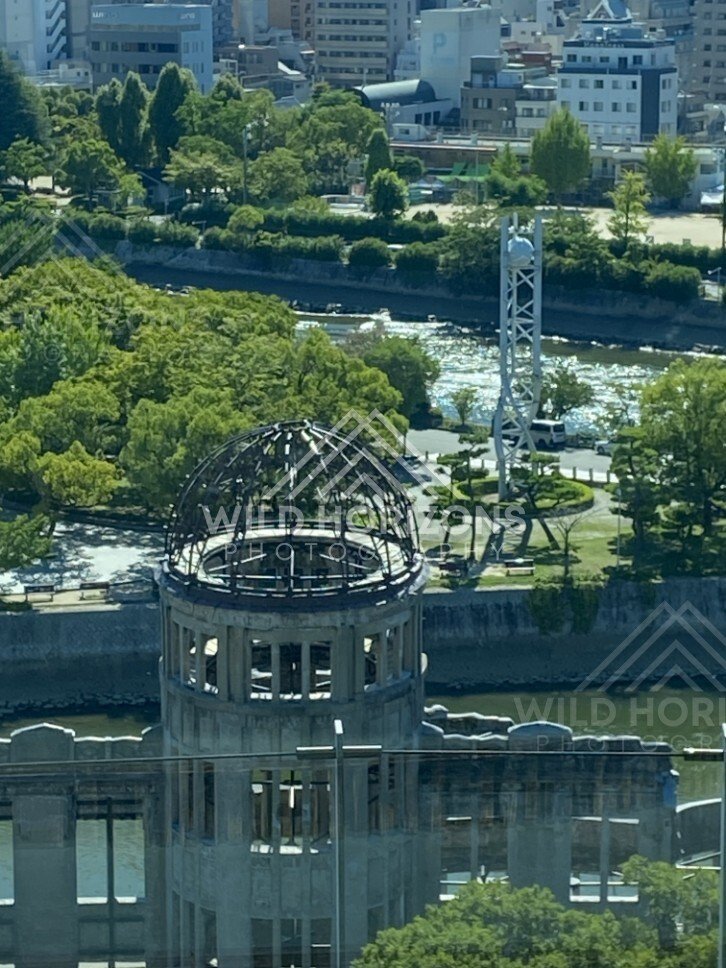 Close view of the Atomic Bomb Dome across the river in Hiroshima. Hiroshima Peace Memorial, Hiroshima, Japan.