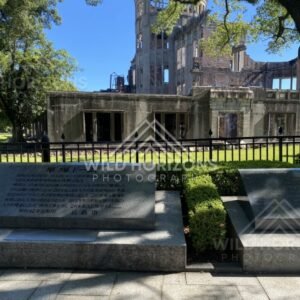 Interpretive plaques positioned in front of the Atomic Bomb Dome. Hiroshima Peace Memorial, Hiroshima, Japan.