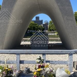Close view through the memorial arch toward the Peace Memorial. Hiroshima Peace Memorial Park, Hiroshima, Japan.