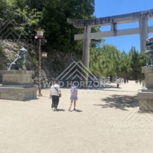 Stone torii gate and guardian statues at the entrance to Itsukushima Shrine. Miyajima, Hiroshima, Japan.