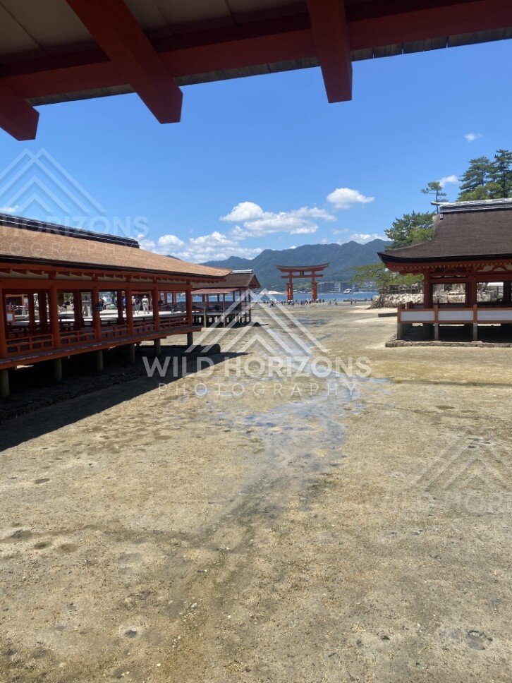View along shrine corridors toward the offshore torii gate at low tide. Miyajima, Hiroshima, Japan.