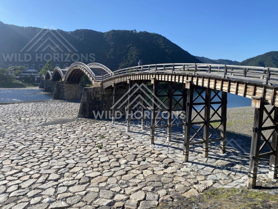 Close view of the Kintaikyo Bridge structure and supporting beams. Iwakuni, Yamaguchi, Japan.