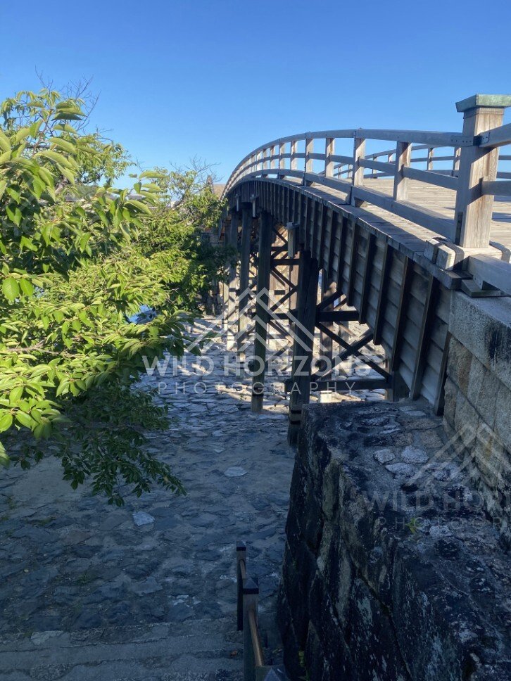 Multi-arched Kintaikyo Bridge viewed across the river. Iwakuni, Yamaguchi, Japan.