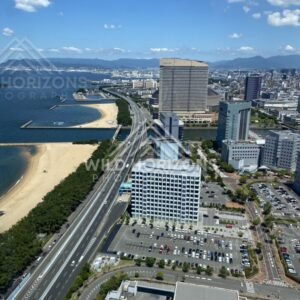 Elevated city and coastline view with prominent beachfront. Fukuoka, Japan.