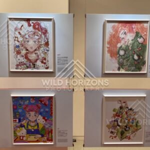 Framed Hello Kitty inspired illustrations are arranged on a gallery wall in an exhibition. Fukuoka, Japan.