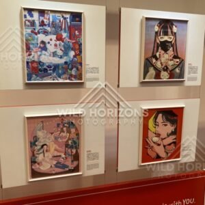 Hello Kitty artwork display inside a modern exhibition gallery. Fukuoka, Japan.