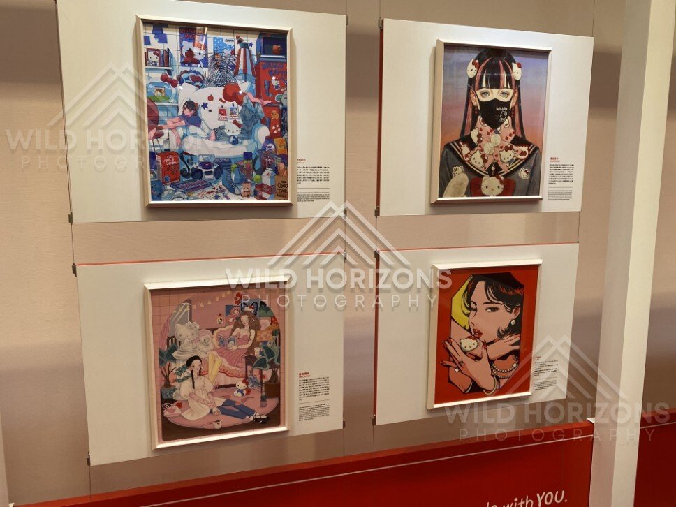 Hello Kitty artwork display inside a modern exhibition gallery. Fukuoka, Japan.