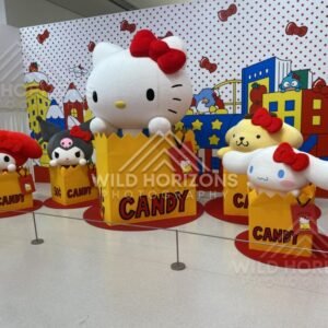 Hello Kitty and friends character statues popping out of candy boxes in an exhibit. Fukuoka, Japan.