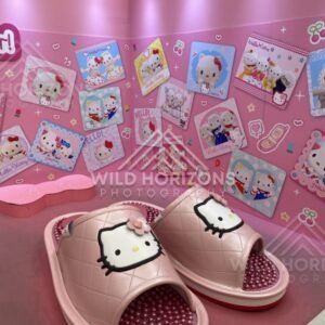 Pink Hello Kitty themed room with oversized slippers and wall collage. Fukuoka, Japan.